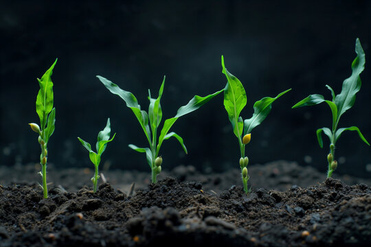 A group of young corn plants are growing in the dirt. The plants are small and green, and they are all growing in the same direction. The image has a peaceful and calming mood