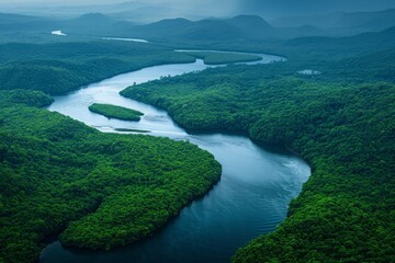 A river cuts through a dense and vibrant forest, creating a striking contrast between the clear water and the lush greenery, A captivating confluence of two rivers in a rainforest, AI Generated