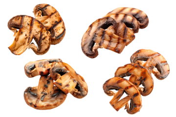 Set of grilled champignon mushrooms slices isolated on a white or transparent background. Grilled mushrooms close-up. Mushroom slices with grill grid marks. Food photography design element.