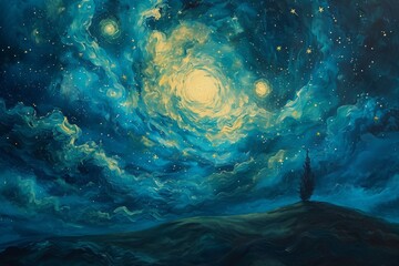 A Man Standing on Top of a Hill, A celestial depiction of cloud storage, in the style of Van Gogh's 'Starry Night', AI Generated - obrazy, fototapety, plakaty