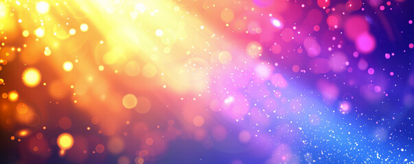 Abstract background with a gradient from warm yellow to cool blue, filled with glittering particles and bokeh, suggesting celebration and joyful moments. copyspace - obrazy, fototapety, plakaty