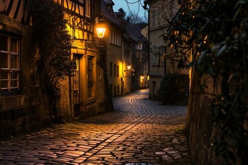 Fototapeta premium Cobblestone Street at Night With Illuminated Lights, A charming cobblestone street in an old European city, lit by soft lanterns, AI Generated