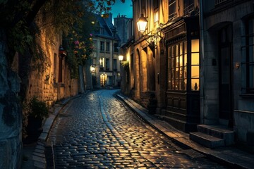 Obraz premium Cobblestone Street at Night in a European City, A charming cobblestone street in an old European city, lit by soft lanterns, AI Generated