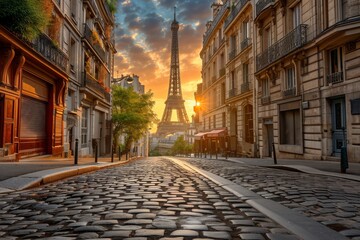 The iconic Eiffel Tower stands tall, dominating the skyline of the bustling city of Paris, A charming cobblestone street in Paris with the Eiffel Tower in the background, AI Generated - obrazy, fototapety, plakaty