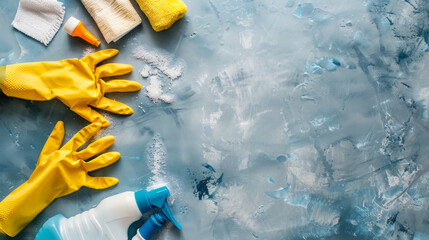 Hands in rubber gloves with cleaning supplies banner with free space - Powered by Adobe