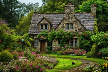 Fototapeta na wymiar A vibrant painting depicting a house standing amidst a colorful array of blooming flowers, A charming old English cottage with a blooming garden under a gentle rain, AI Generated
