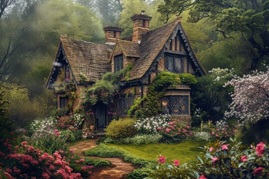 This photo is a painting showcasing a cottage set amidst a forested landscape, A charming old English cottage with a blooming garden under a gentle rain, AI Generated
