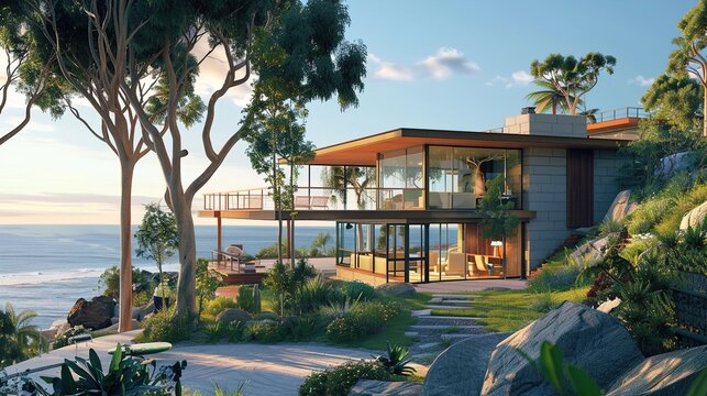 A hyper-realistic exterior photo of a mid-century modern ocean house, emphasizing eye-level perspective and engaging representation