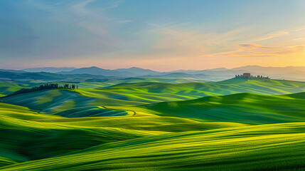 Fototapeta premium Tuscan sunrise over rolling hills, idyllic countryside landscape, Italys beauty