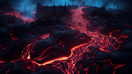 Hellish Lava Fields: A Magma Network from Above - obrazy, fototapety, plakaty