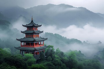 A towering structure stands tall atop a vibrant green hill, dominating the picturesque landscape, A Chinese pagoda in a misty mountain setting, AI Generated - Powered by Adobe