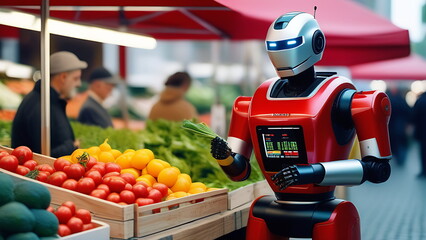 A humanoid robot made of red metal body works in a vegetable market on the street with people - obrazy, fototapety, plakaty