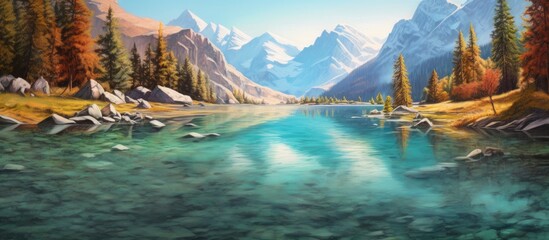 The painting depicts a peaceful mountain lake, encompassed by a handful of trees and rocky formations - obrazy, fototapety, plakaty