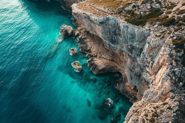 Aerial View of the Ocean and Cliffs, A cinematic shot from above of a turquoise sea and weathered...