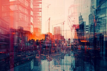This photo showcases a bustling cityscape filled with a multitude of towering buildings, A city of the future with a double exposure of modern construction techniques, AI Generated