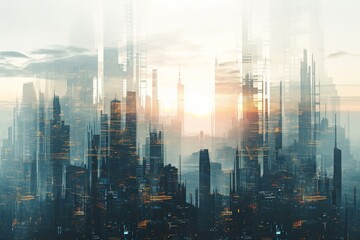 A Vibrant Cityscape With Towering Skyscrapers, A city of the future with a double exposure of modern construction techniques, AI Generated
