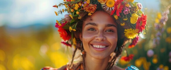 During a spring equinox celebration, a joyful woman wears a vibrant floral wreath.