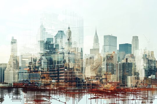 A sprawling urban area featuring a multitude of towering buildings that create an impressive skyline, A city growth illustration overlaid with contemporary construction images, AI Generated