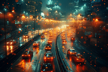 Obraz premium cars navigate a rainy night in the megacity passing by at the space. 
