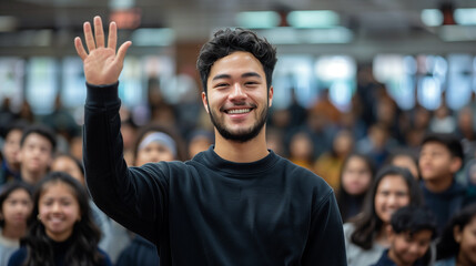 24 year old student raising hand smiling in class