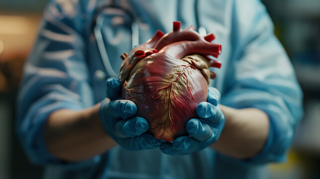 unrecognizable doctor with blue gloves holding a real heart.