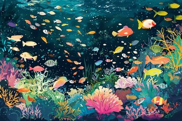 Fototapeta na wymiar This photo depicts a painting of an underwater scene, featuring various fish swimming amidst colorful coral reefs, A colorful illustration of a tropical fish ecosystem, AI Generated