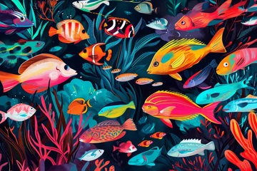 Crédence de cuisine en verre imprimé Vie marine A Painting of Various Species of Fish, A colorful illustration of a tropical fish ecosystem, AI Generated