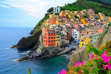 A vibrant village perched on a cliff, offering a breathtaking view of the ocean, A colorful Italian...