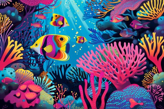 This photo displays a vibrant underwater scene featuring various fish species swimming among colorful corals, A colorful illustration of a tropical fish ecosystem, AI Generated