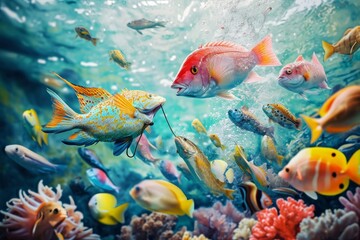 Fototapeta na wymiar A massive congregation of fish gracefully swims above a vibrant coral reef, A colorful underwater scene portraying diverse fish species being lured by a fishing line, AI Generated