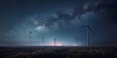 Wind turbine on field at sunset, silhouettes on dark blue night sky background