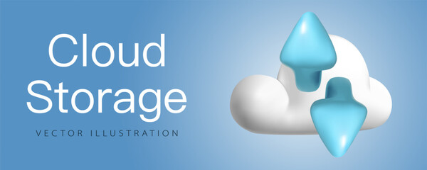 Cloud storage banner in realistic 3d volumetric plastic style, isolated on background. Cloud upload or online file unloading poster. - obrazy, fototapety, plakaty