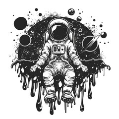 A black and white drawing of an astronaut standing in front of a planet. The astronaut is wearing a spacesuit and has a sticker on his chest. The image has a moody and mysterious feel to it