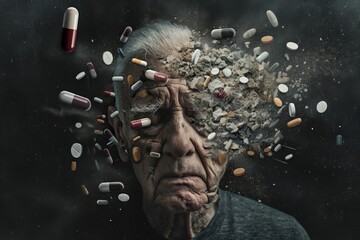 An elderly man with a plethora of pills protruding from his head, emphasizing medication and health issues, A conceptual portrait showing the aging effect of opioid abuse over time, AI Generated