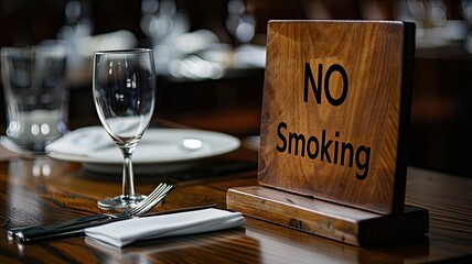 Naklejka na ściany i meble dining out while respecting health regulations with a wooden NO SMOKING sign placed elegantly on a restaurant's wooden dining table.