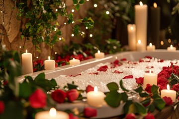 A collection of candles placed on a table, creating a warm and inviting ambiance, A couples spa scene with candles, roses, and a bubble bath, AI Generated