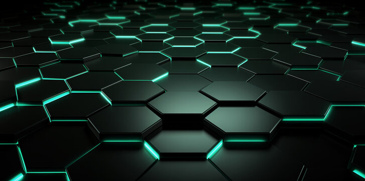 3d render of dark black hexagon pattern with glowing green lights on the edges. Generative AI