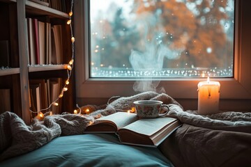 A cup of coffee and a book are placed on a bed near a window, creating a cozy scene, A cozy reading nook filled with romance novels and a steaming cup of coffee, AI Generated - Powered by Adobe