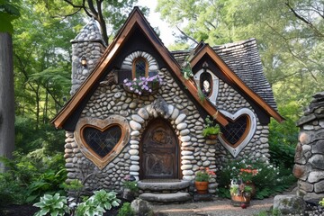 A sturdy rock house featuring a unique heart-shaped window, surrounded by a picturesque landscape, A cozy cottage with heart-shaped windows, AI Generated