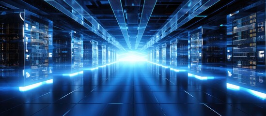 A setting featuring a dimly lit corridor in a deep shade of blue, showcasing multiple computer servers neatly aligned in the center