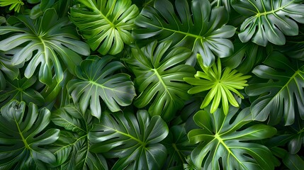 Fototapeta na wymiar Green leaves background, top view of tropical palm leaves with copy space