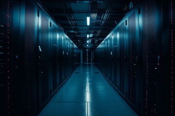 This photo depicts a long and busy hallway in a data center, filled with rows of servers and various networking equipment, A dark and moody image representing data loss in NAS systems, AI Generated