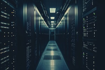 A long hallway filled with neatly aligned rows of servers in a highly secure and monitored data center, A dark and moody image representing data loss in NAS systems, AI Generated