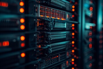 Naklejka premium A line of high-performance servers housed in a large data center, ready to process and store vast amounts of information, A dark and moody image representing data loss in NAS systems, AI Generated