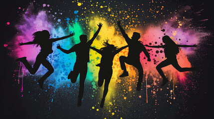 Silhouettes of people jumping with a splash of rainbow colors, symbolizing fun and nightlife.