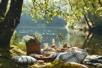 A group of people prepares and enjoys a picnic by the waters edge, surrounded by nature and scenic landscape, A delightful picnic spread next to a serene fishing spot in the forest, AI Generated