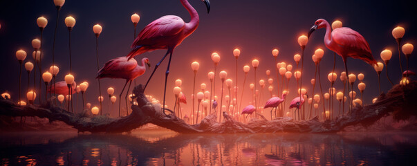 Surreal landscape with flamingos among tall lantern-like plants glowing softly, creating a serene and mystical atmosphere in a dreamlike twilight setting. Creative light background