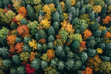 Naklejka na ściany i meble This photo captures an aerial view of a sprawling forest teeming with an array of trees, providing a captivating sight from above, A dense forest during autumn fall colors from above, AI Generated