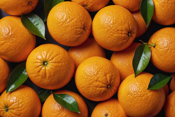 Orange fruit background ai generated. Orange slices and oranges with leaves top view. Orange...