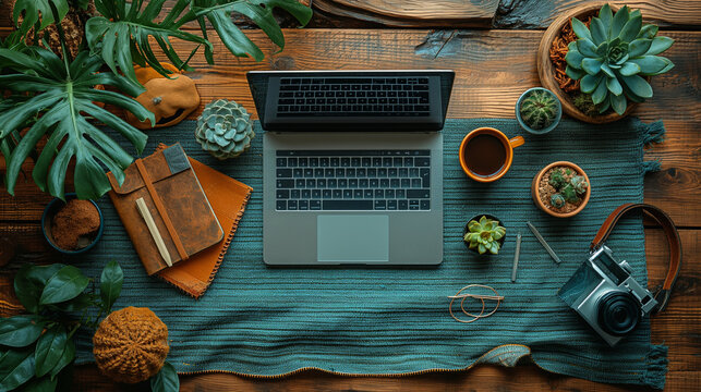 A stylish flat lay composition of a dad blogger's desk setup, featuring a sleek laptop, notepad, and camera, along with playful props that reflect his personality and interests, re